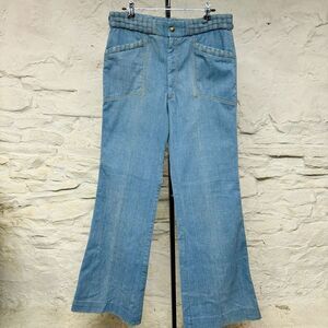 Vintage 70s 80s Bootcut Hippie Jeans Woven Waistband Detail Flare Leg High Waist